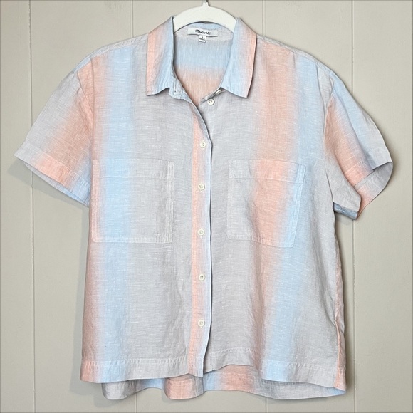 Madewell 100% Linen Beachside Shirt Small Ombré Stripe‎ blue coral boxy top - Picture 2 of 10